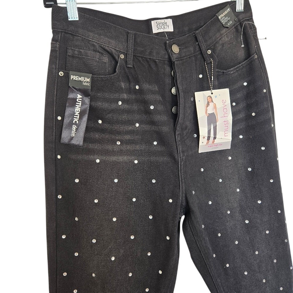 Simple Society Black Rhinestone Straight Denim Jeans Size 9/29 Glam Y2K Party - Picture 3 of 12